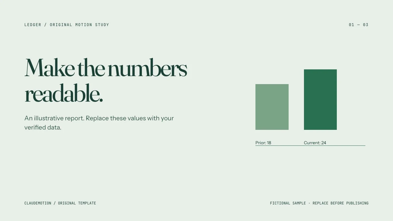 Ledger: Forest-green reports, labeled comparisons and a visible source. Explain the evidence behind your numbers.