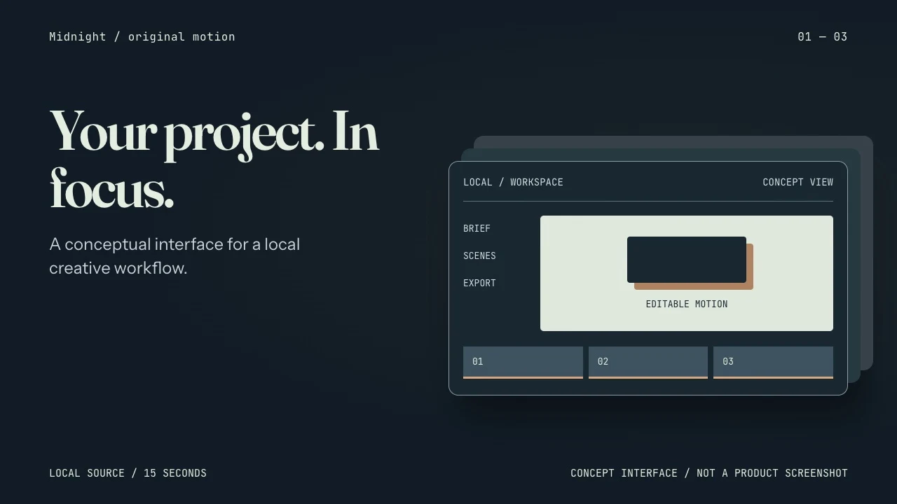 Midnight: Slate depth, an expanded timeline and tangible export sheets. A conceptual software workflow.