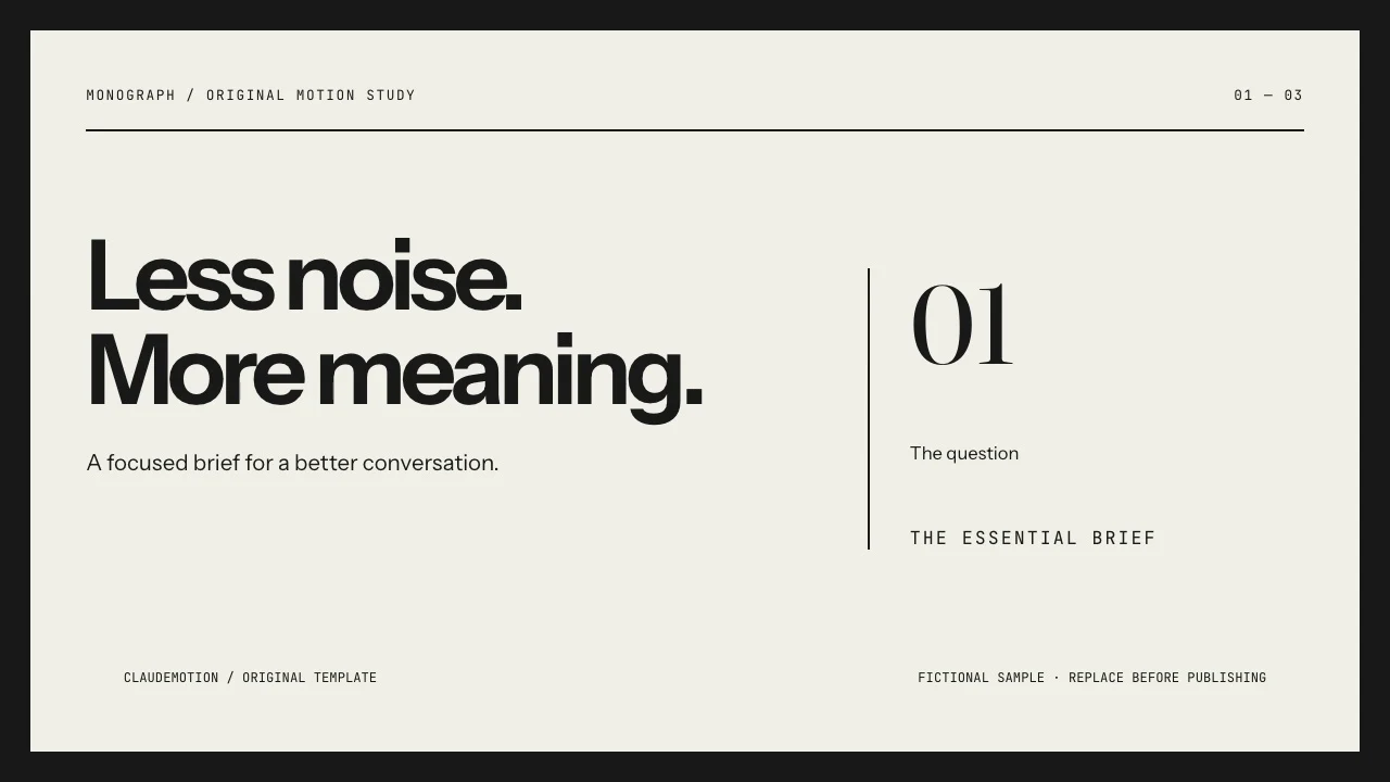 Monograph: Black-and-white columns, ruled sections and precise type. A focused brief for a clear decision.