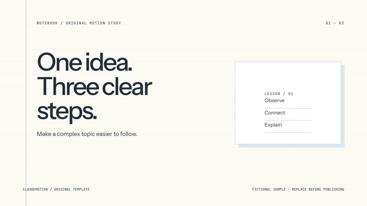 Notebook: Blue annotations, ruled paper and numbered reveals. Make one concept easy to follow.